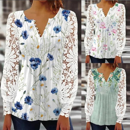 Damen Floral Viskosemischung Bluse mit Häkelärmel und V-Ausschnitt Shop Nory