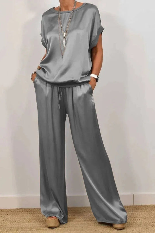 Damen Elegantes Satin Lounge-Set mit weitem Schnitt und lässigem Oberteil