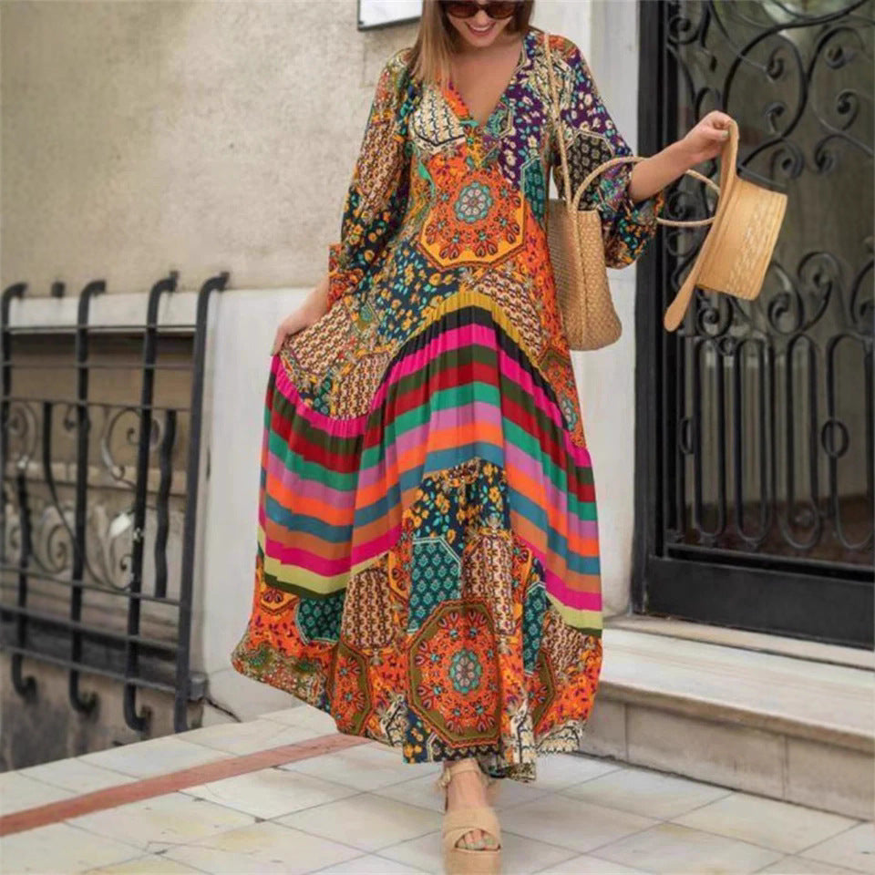 Damen Maxikleid mit buntem Patchwork-Design und voluminösen Ärmeln Shopnory