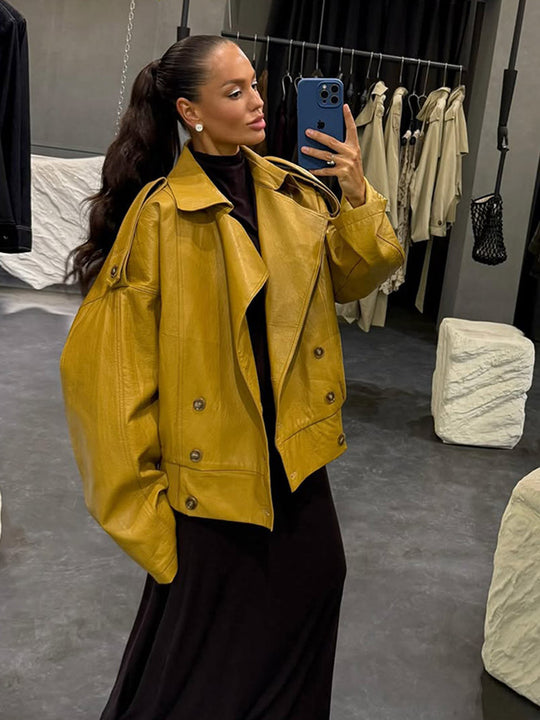 Damen Oversize Lederjacke mit voluminösen Ballonärmeln und kurzer Boxy-Silhouette Shop Nory