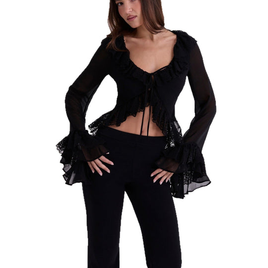 Damen Chiffon-Bluse mit Spitzenbesatz Shopnory