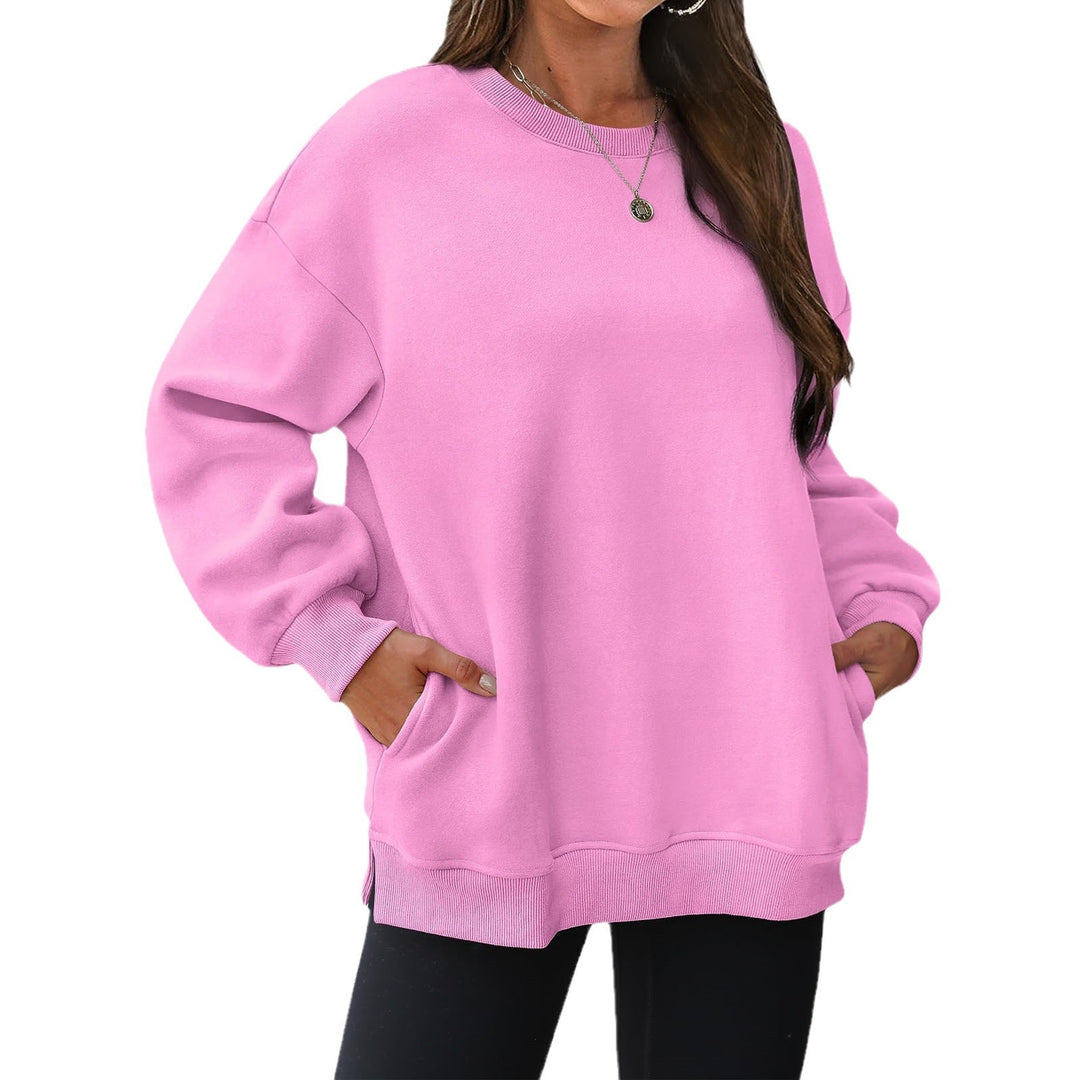 Damen nan verlängertes Oversize Rundhalspullover mit seitlichen Eingrifftaschen, Rippbündchen und überschnittener Schulter Shop Nory