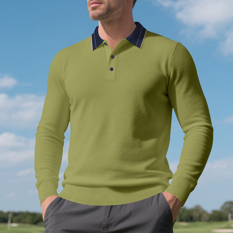 Herren elegantes Langarm-Polohemd mit kontrastierendem Kragen und modischen Knopfdetails