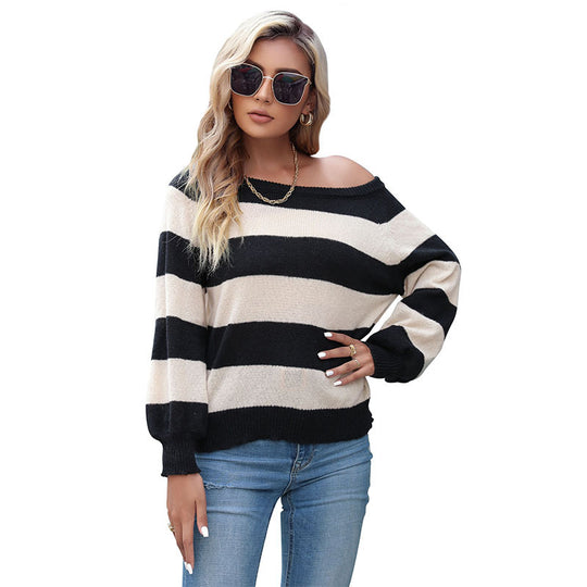 Damen Schulterfreier Feinstrickpullover mit breiten Blockstreifen und elastischem Saum Shop Nory