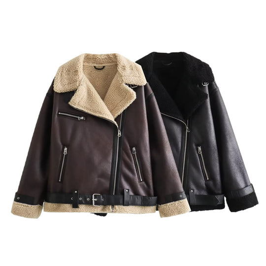 Damen Fliegerjacke im Bikerstil mit Teddyfutter, Kunstlederbesatz und Taillengürtel Shop Nory