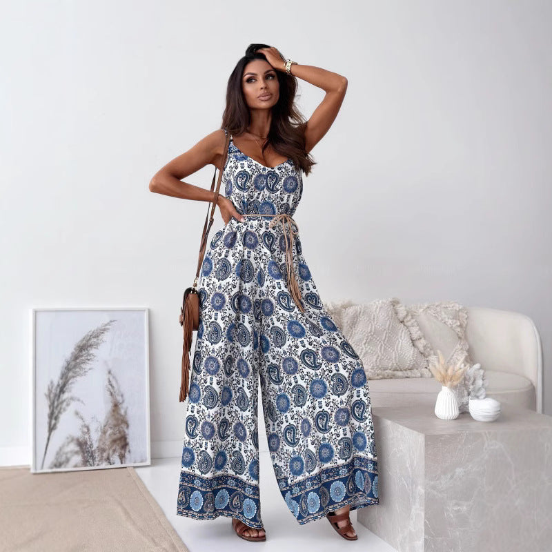 Damen Jumpsuit mit floralem Design und weit geschnittene Beinen