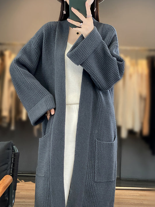 Damen Langer Oversize-Strickcardigan mit Strukturmuster und aufgesetzten Taschen Shop Nory
