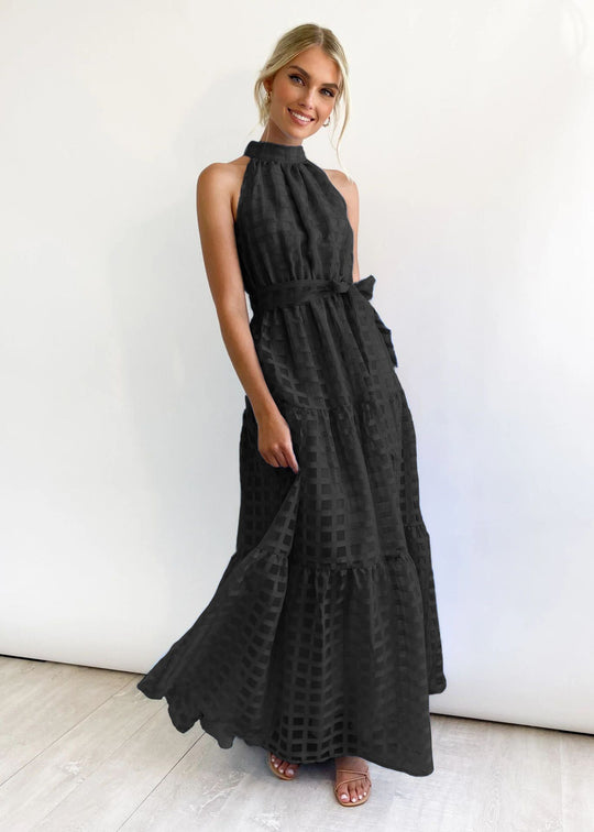 Damen Maxikleid mit raffiniertem Hochkragen und gestuftem Design