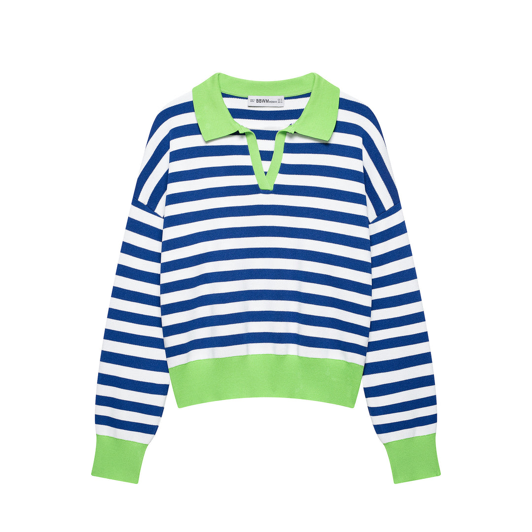 Damen Gestreifter Polo‑Pullover mit V‑Ausschnitt, weitem Rumpf und kontrastierenden Bündchen Shop Nory