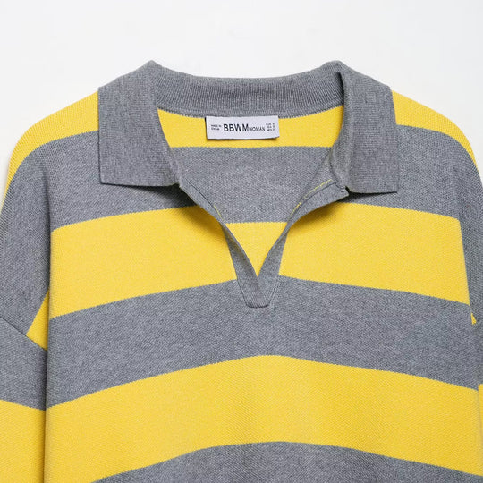 Damen Oversize Streifen-Rugby-Pullover mit offenem Polokragen und V-Ausschnitt Shop Nory