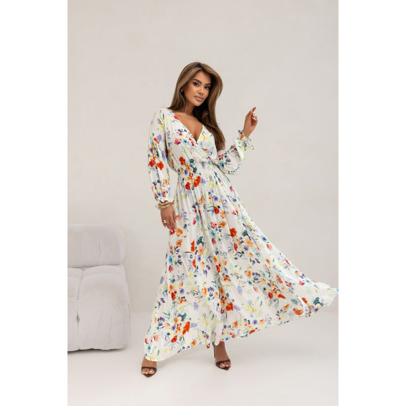 Damen Maxikleid mit tiefem V-Ausschnitt und voluminösen Ärmeln