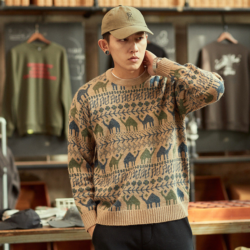 Herren Strickpullover mit Kamel-Jacquardmuster und geripptem Saum Shop Nory