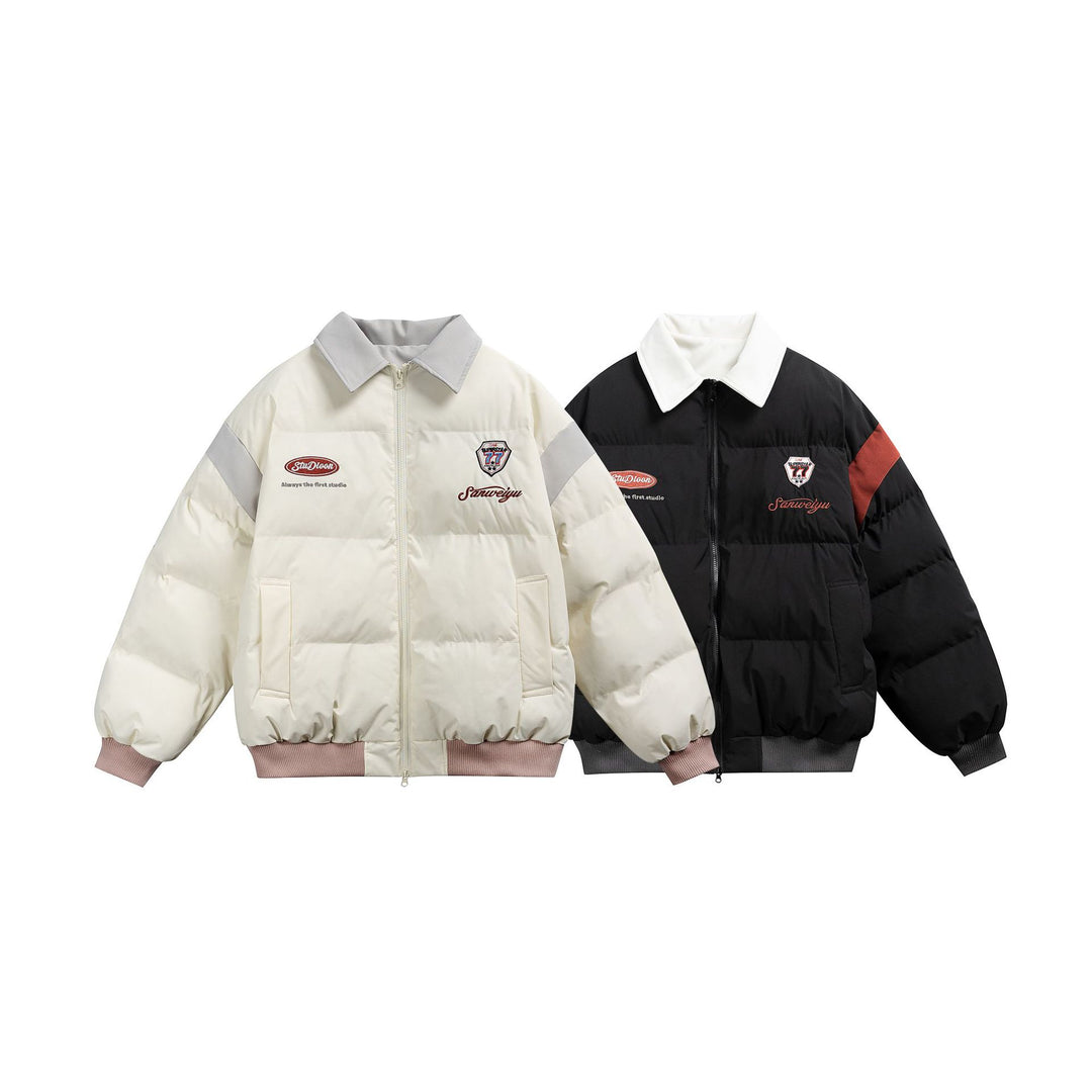 Damen Kurz geschnittene wattierte Blousonjacke mit kontrastierendem Kragen und Stickdetails Shop Nory