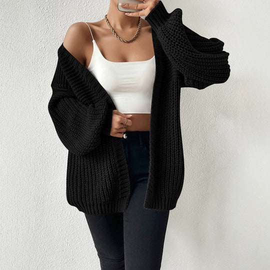 Damen nan Oversize-Strickcardigan mit grobem Waffelstrick, offener Front und voluminösen Ballonärmeln Shop Nory