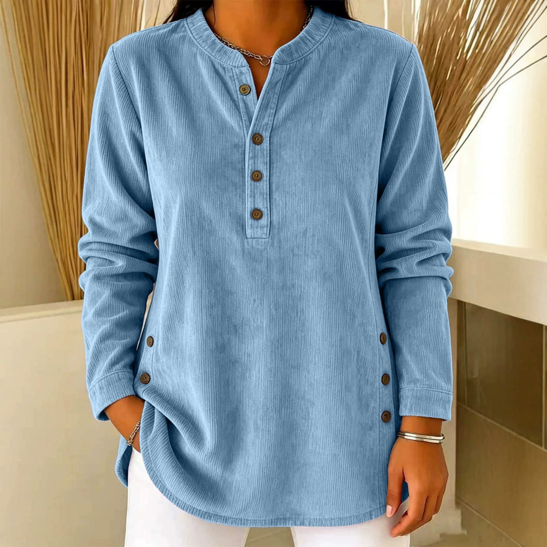 Damen Lässige Cordoptik‑Tunika mit Henley‑Kragen und Seitenknöpfen Shop Nory