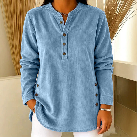 Damen Lässige Cordoptik‑Tunika mit Henley‑Kragen und Seitenknöpfen Shop Nory