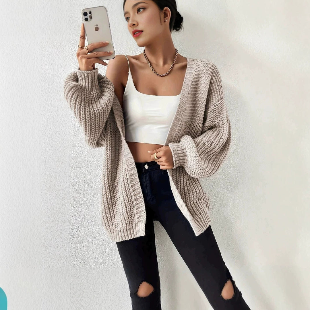 Damen nan Oversize-Strickcardigan mit grobem Waffelstrick, offener Front und voluminösen Ballonärmeln Shop Nory