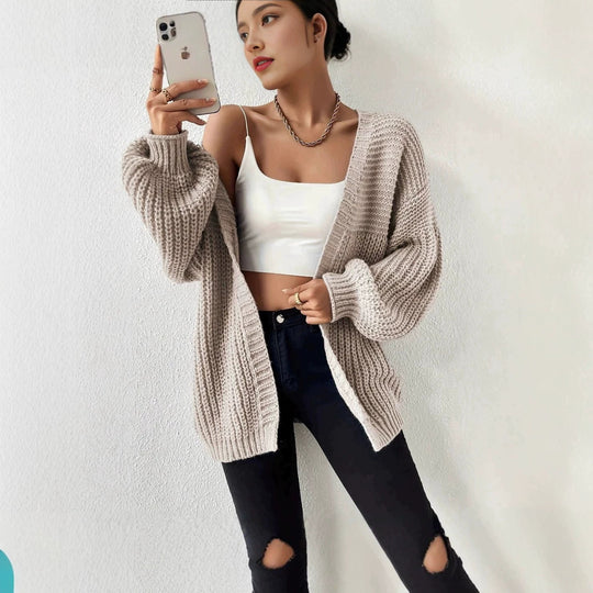 Damen nan Oversize-Strickcardigan mit grobem Waffelstrick, offener Front und voluminösen Ballonärmeln Shop Nory