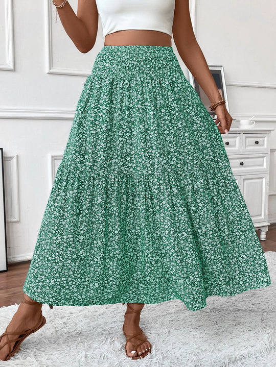 Damen Langer Rock mit floralem Print und elastischem Bund