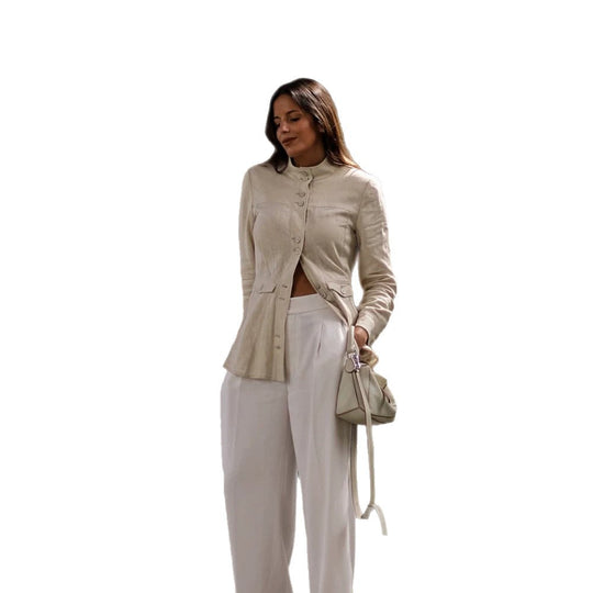 Damen Taillierter Leinenblazer mit Stehkragen und schwingendem Schößchen Shop Nory