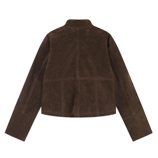 Damen kurze Wildleder-Utilityjacke mit Stehkragen, Mehrfachtaschen und Reißverschluss Shop Nory