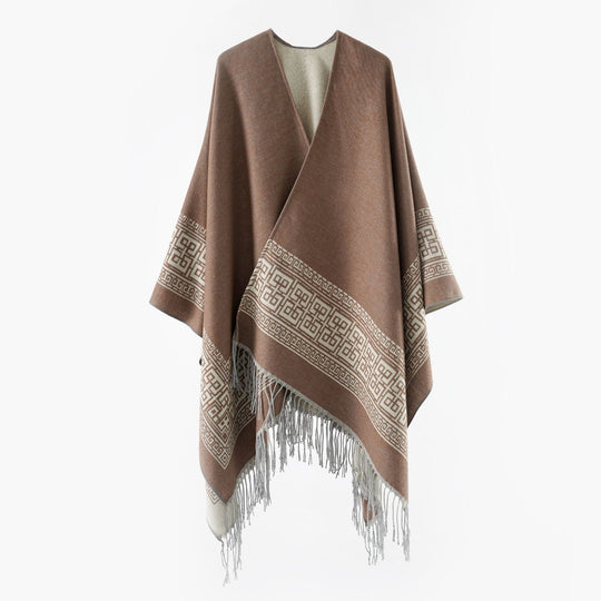Damen Reversibler Wollmix‑Überwurf im Kimono‑Fall mit ornamentaler Bordüre und Zierfransen Shop Nory