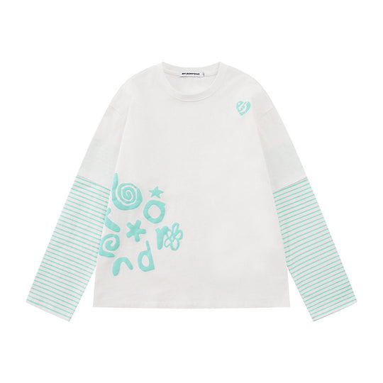Damen Lagen-Langarmshirt im Layer-Look mit gestreiften Einsatzärmeln und verspieltem Grafik-Doodle-Print Shop Nory