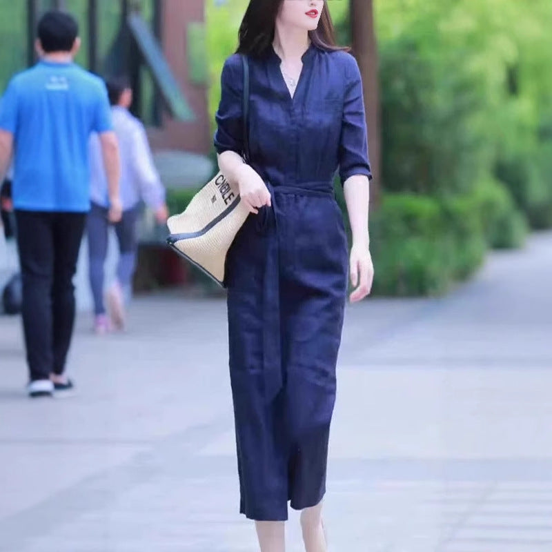 Damen Leichter Culotte-Jumpsuit mit Stehkragen, 3/4-Ärmeln und Taillengürtel Shop Nory