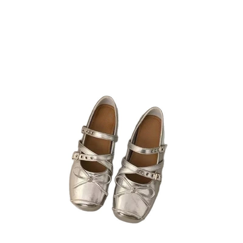 Damen Ballerina-Schuhe mit dekorativen Doppelschnallen und modischen Schleifen