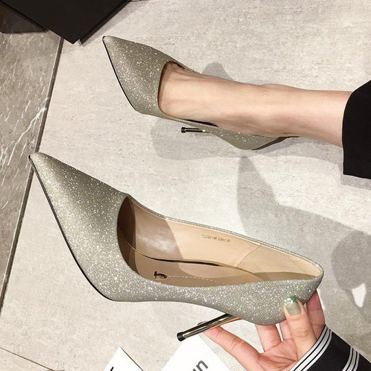 Damen Funkelnde spitz zulaufende Pumps mit filigratem Stiletto‑Metallabsatz und Memory‑Fußbett Shop Nory