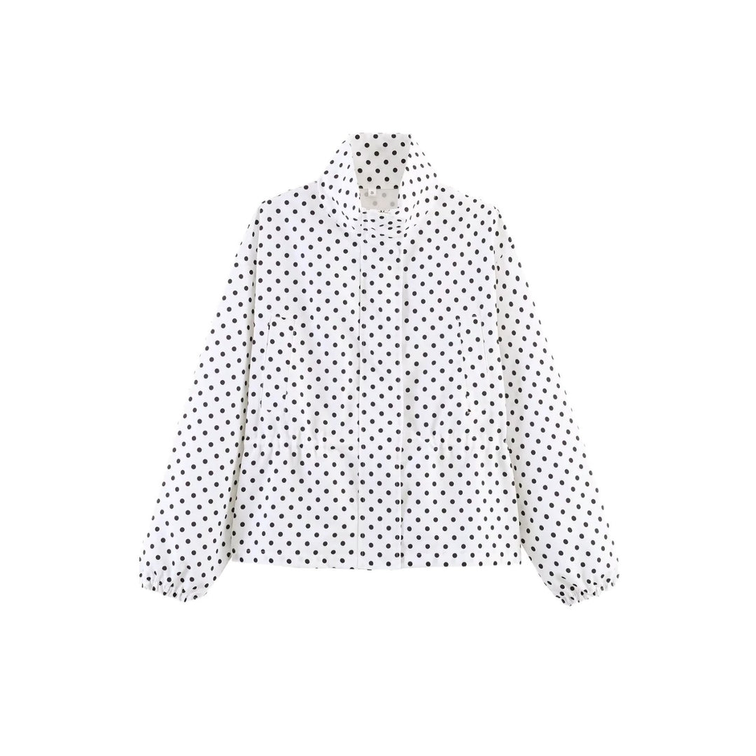 Damen Gekürzte gepunktete Übergangsjacke mit Stehkragen und Taillenraffung Shop Nory