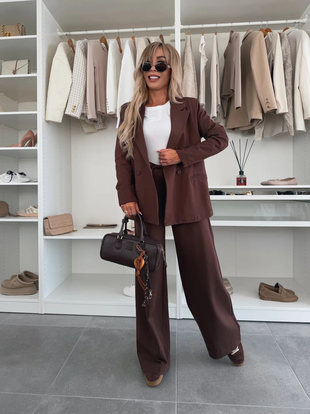 Damen eleganter und lässiger Hosenanzug mit weitem Bein und Blazer Shopnory