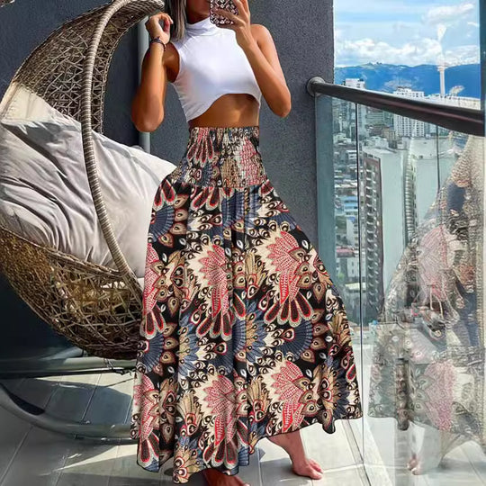 Damen Maxirock mit hohem Smockbund und weitem Boho-Print Shop Nory