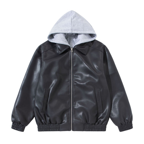 Herren Boxy-Lederblouson mit angenähter Jersey-Kapuze und geripptem Saum Shop Nory