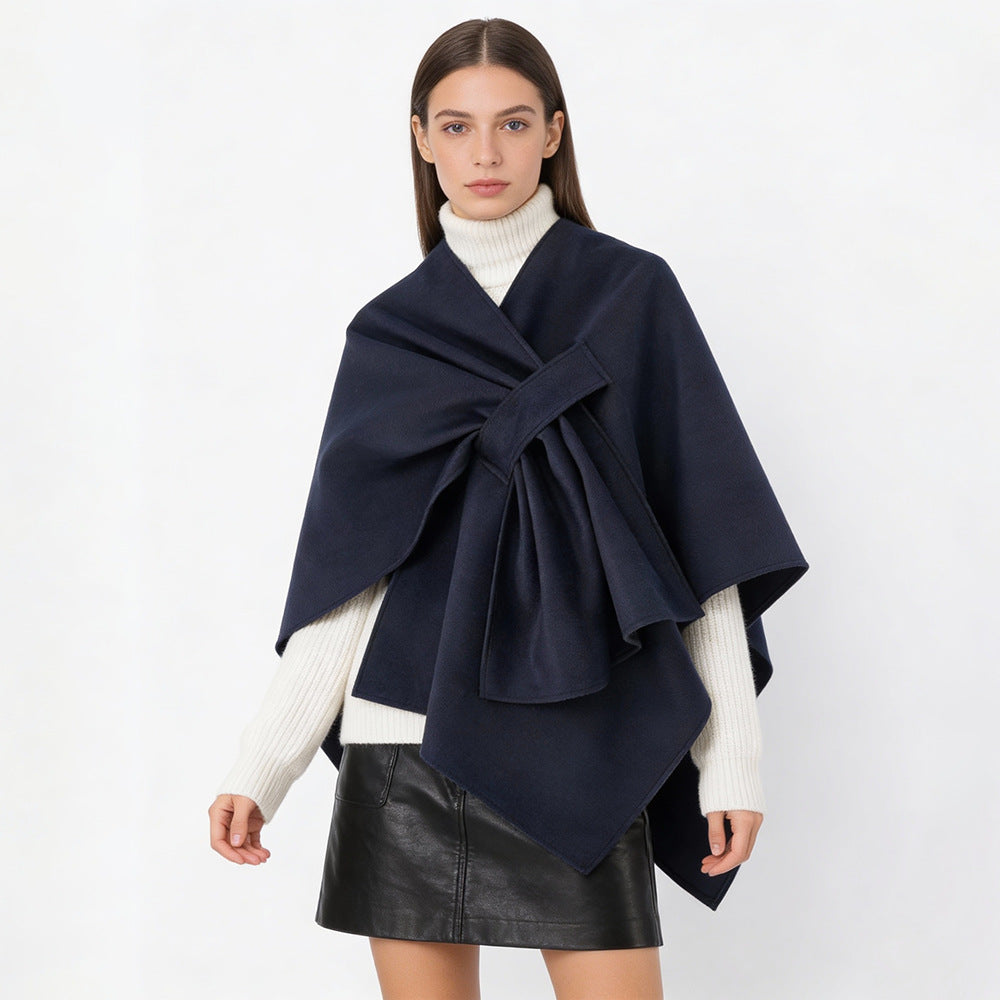 Damen Multifunktionaler Cape‑Überwurf aus Wollmix mit drapiertem Knotendetail Shop Nory