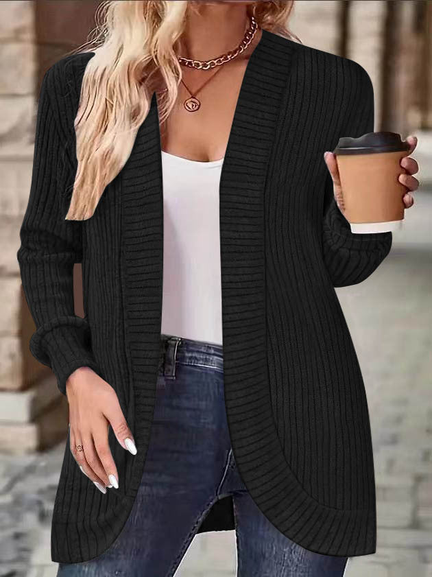 Damen Langer Offener Rippstrick-Cardigan mit abgerundetem Saum Shop Nory