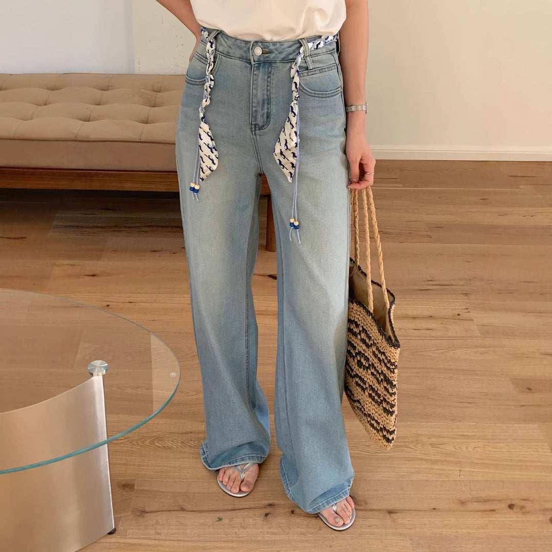 Damen Weite Jeanshose mit dekorativem Gürtel Shop Nory