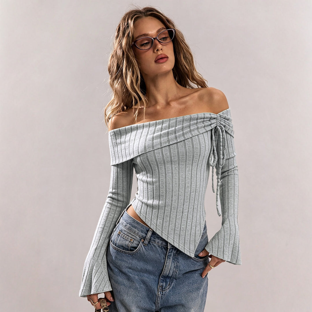 Damen schulterfreies geripptes Strick-Top mit asymmetrischem Zipfelsaum und Schnürdetail Shop Nory