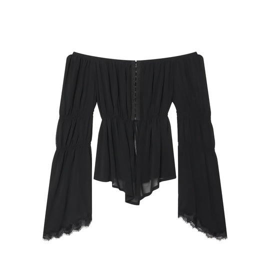 Damen Schulterfreies Chiffon-Top mit Carmen-Ausschnitt, geraffter Taille und voluminösen Volantärmeln Shop Nory
