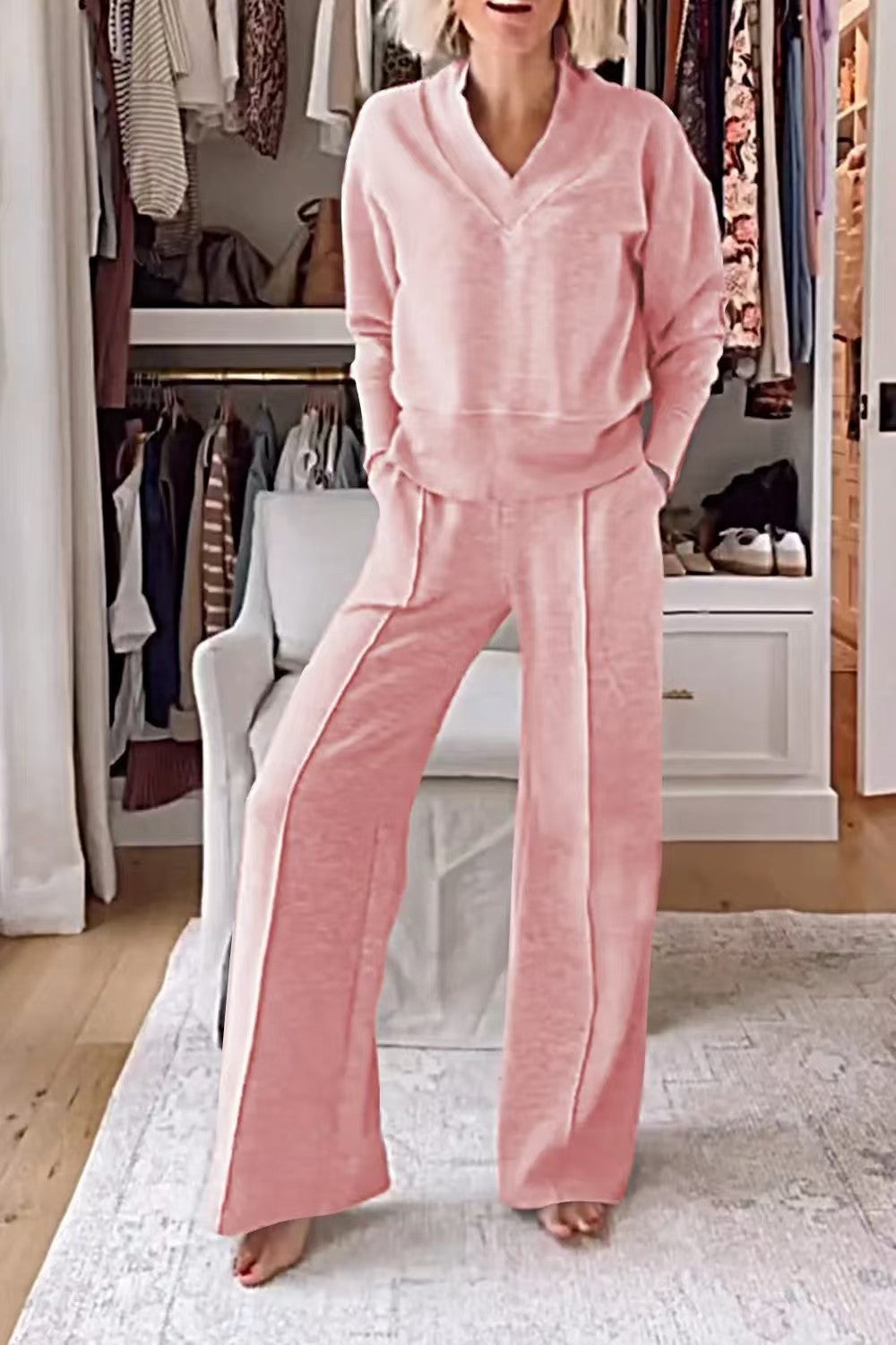 Damen Zweiteiliges Lounge-Set aus weichem Jersey mit V-Ausschnitt und weitem Palazzohosen-Schnitt Shop Nory