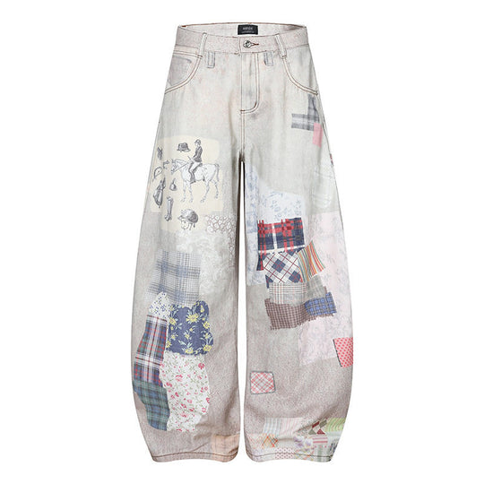 Damen Weite High‑Waist Culotte-Jeans mit Patchwork-Print und Balloon-Silhouette Shop Nory