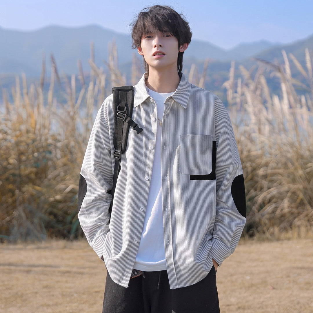 Herren Oversize-Hemd mit feinem Nadelstreifen, Kontrasttasche und Ellbogen-Patches Shop Nory