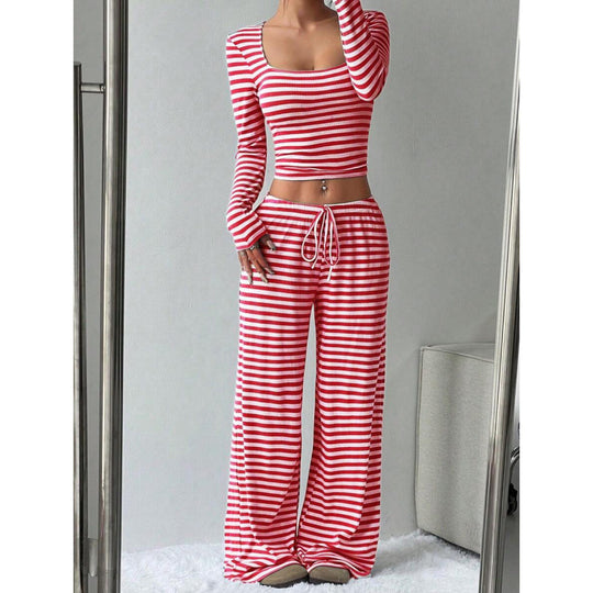 Damen Gestreifter Lounge-Zweiteiler mit weitem Bein und Cropped Langarmtop Shop Nory