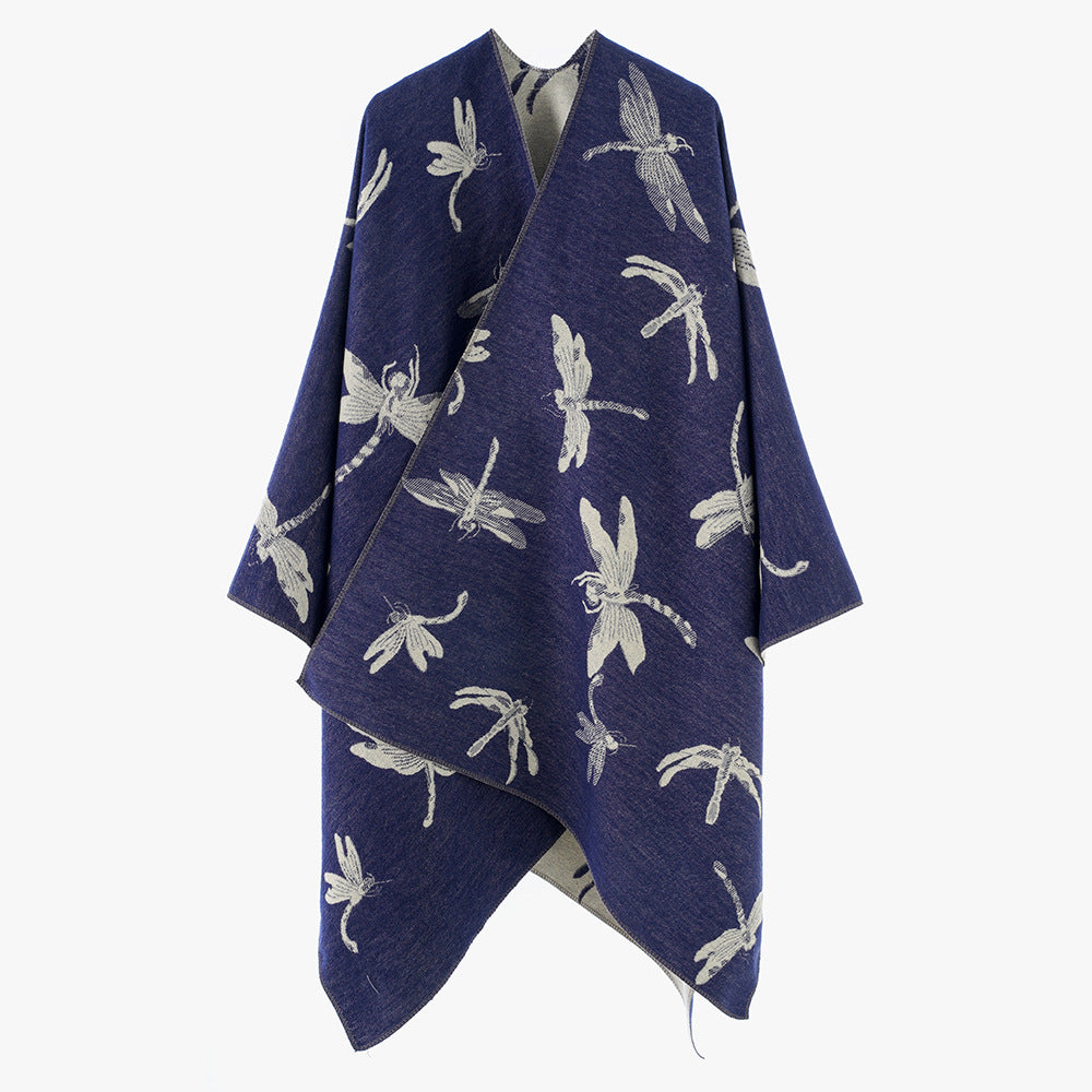 Damen Wendbarer Jacquard-Poncho mit Libellenmotiv Shop Nory