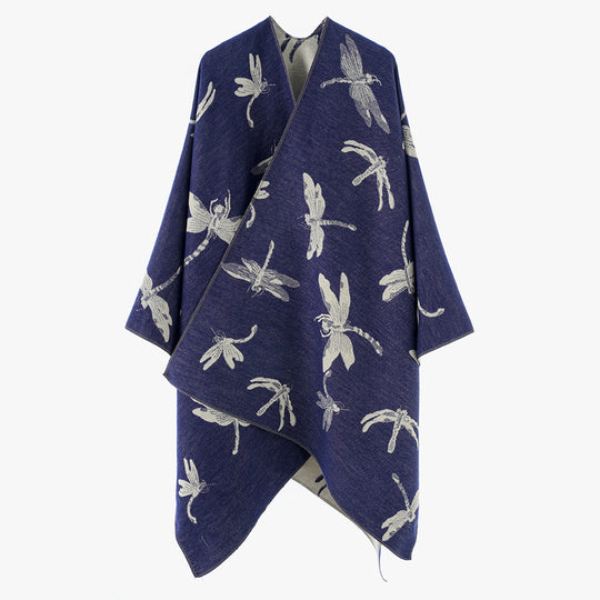 Damen Oversize-Cape aus feinem Jaquardstrick mit Libellenmotiv und reversibler Wolloptik Shop Nory
