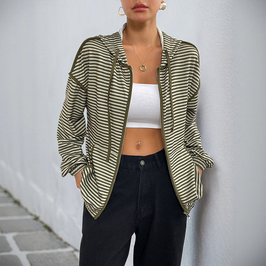Damen Gestreifte Kapuzenjacke mit Reißverschluss, Tunnelzug und Elastischen Bündchen Shop Nory