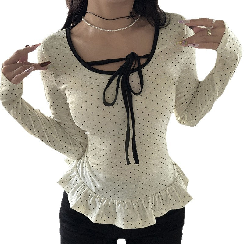 Damen nan tailliertes Longsleeve mit Rüschensaum, Tunnelzug und feinem Punktmuster Shop Nory
