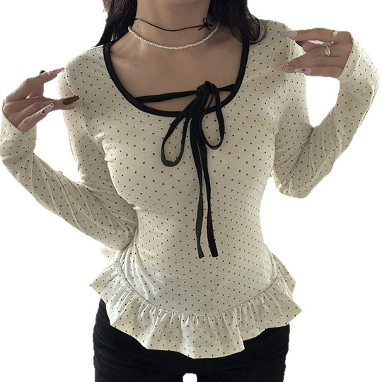 Damen nan tailliertes Longsleeve mit Rüschensaum, Tunnelzug und feinem Punktmuster Shop Nory