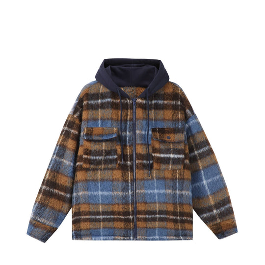 Unisex Kurz geschnittener kariertes Fellimitat-Blouson mit Kapuze und Reißverschluss Shop Nory