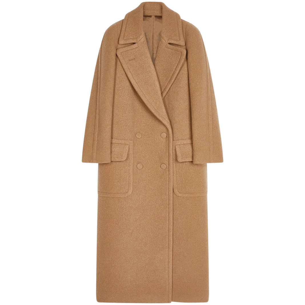 Damen Maxi Doppelreihiger Wollmantel mit übergroßem Revers und Pattentaschen Shop Nory